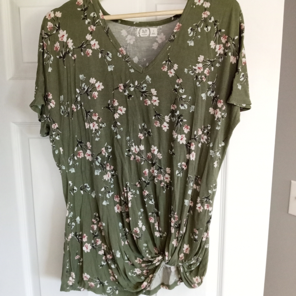 Green floral gathered knot waist tunic